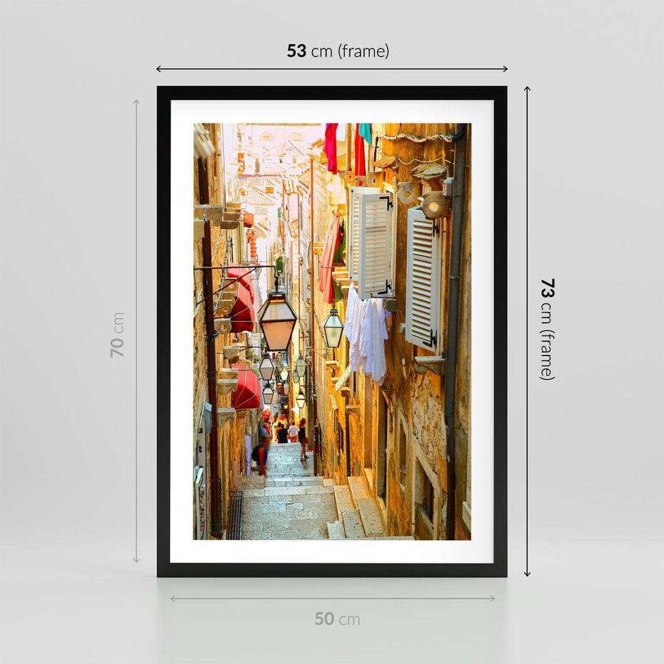 Plakat w ramie 50x70 - Odkryj tajemnice miasta - uliczka, perspektywa - rama czarna