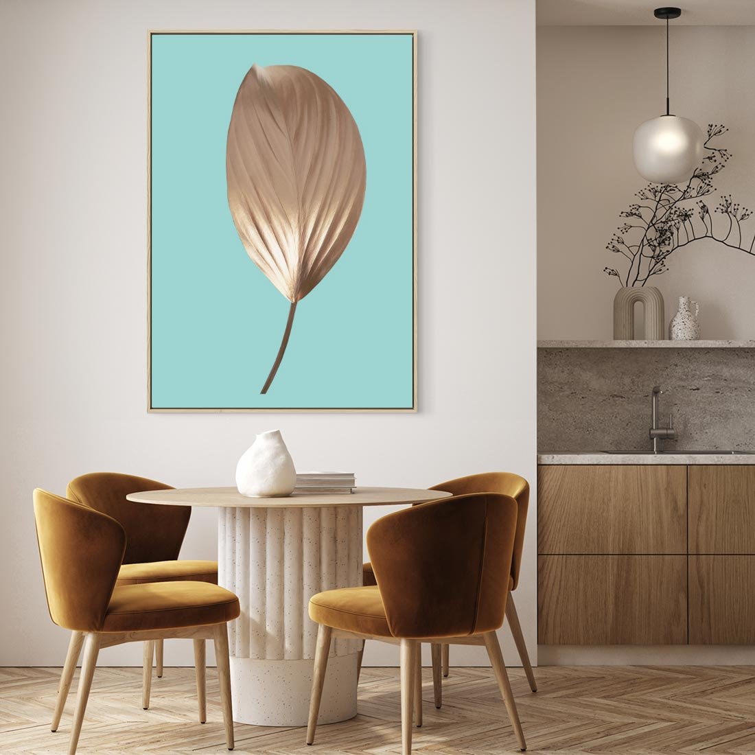 Obraz w ramie 80x120 - Delikatna Harmonia - złote, liście - rama drewno