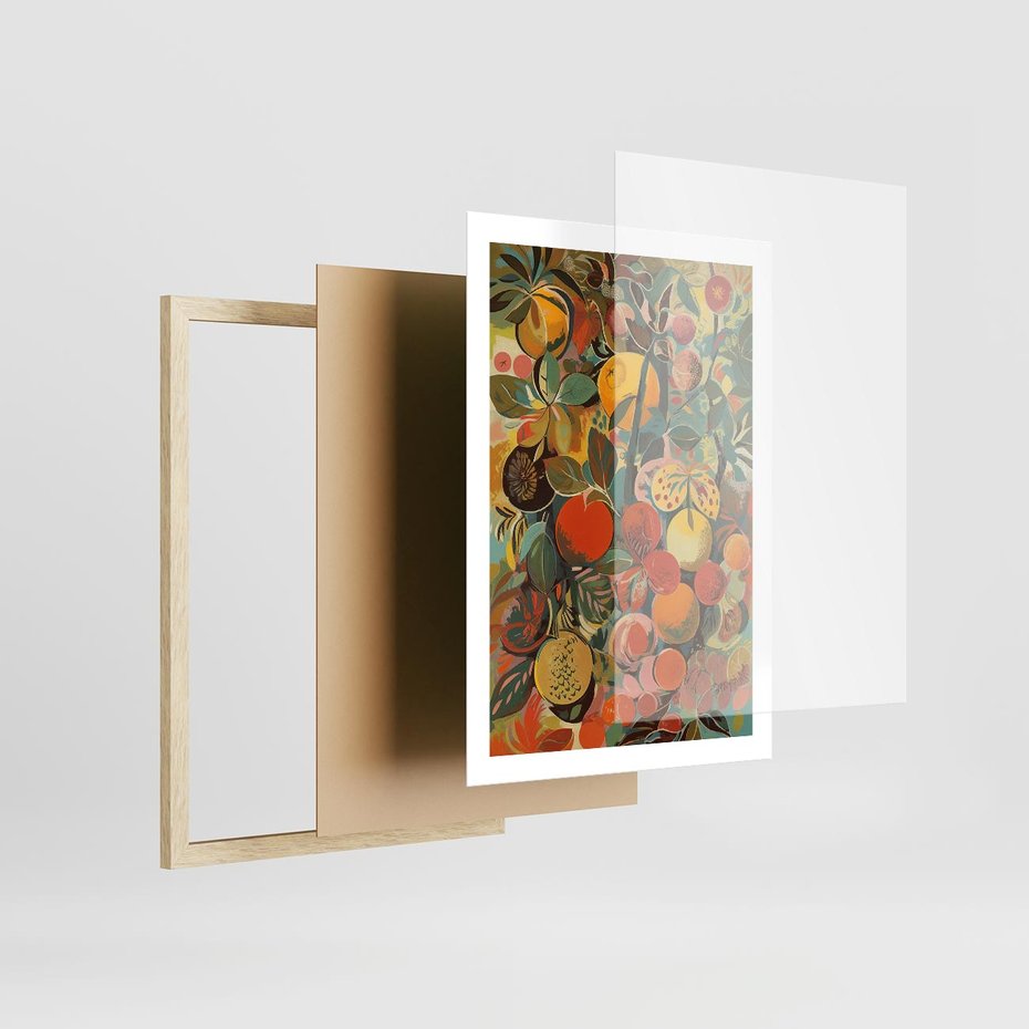 Plakat w ramie 50x70 - Księga Surrealnych Wyobrażeń - abstrakcyjny obraz owoców, jak picasso - rama drewno