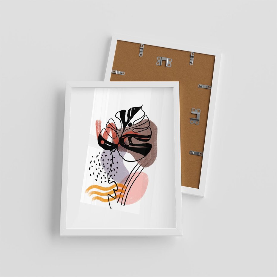 Plakat w ramie 30x40 - Wibracje Abstrakcyjnych Form - abstrakcyjna sztuka, liść monstery - rama biała