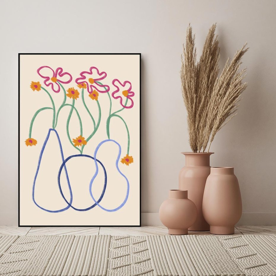 Obraz w ramie 70x100 - Migocące Pastelowe Impresje - minimalistyczny abstrakcyjny obraz, prymitywne kwiatki - rama czarna