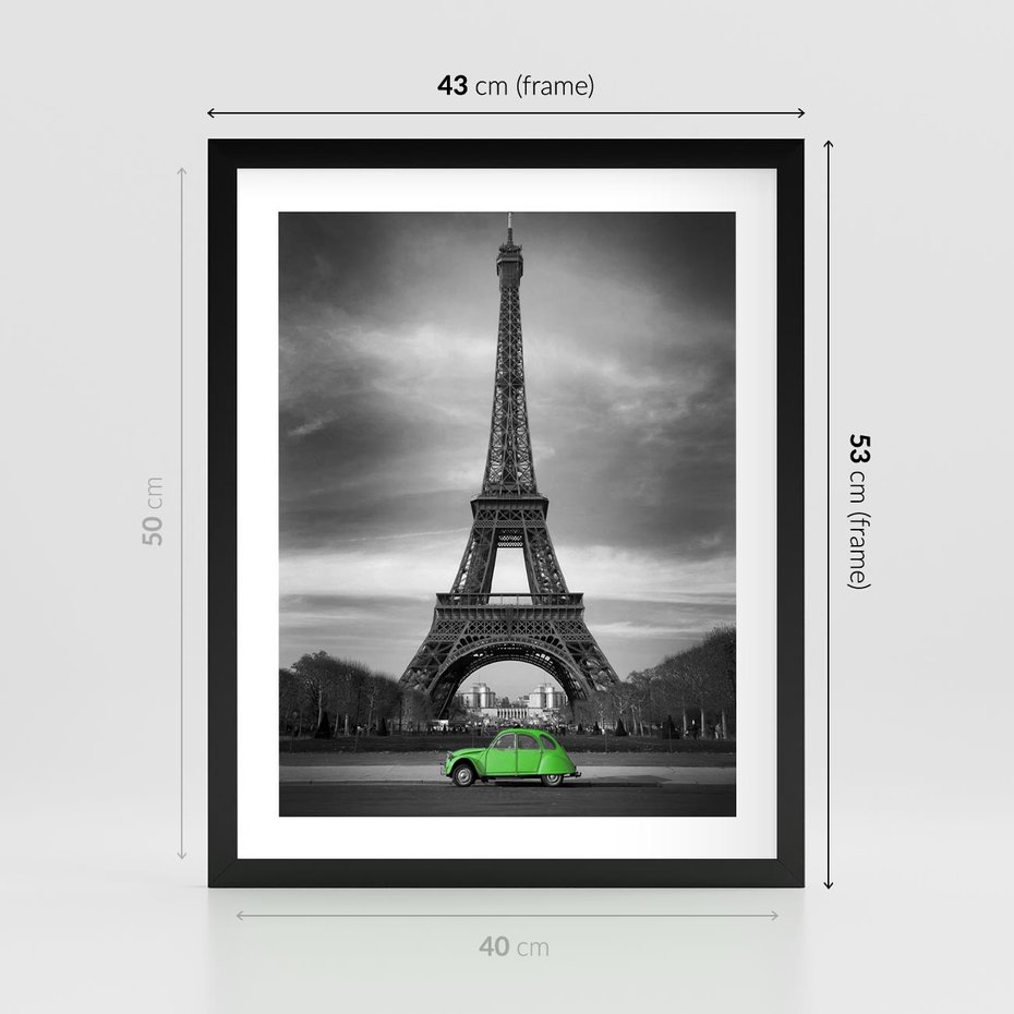 Plakat w ramie 40x50 - Paryskie Romantyczne Spotkanie - Eiffla, samochód - rama czarna