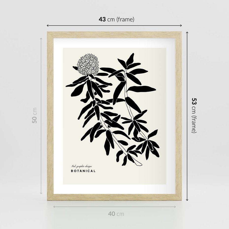 Plakat w ramie 40x50 - Szept kwiatowej wyobraźni - czarno biała grafika, roślinność - rama drewno