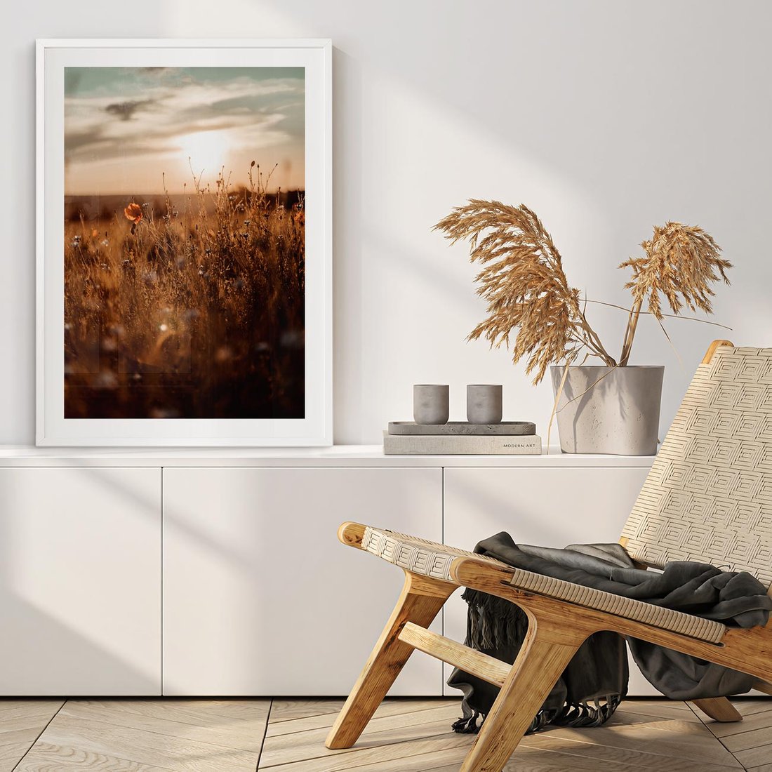 Plakat w ramie 50x70 - Zachwyt zachodem słońca na łące - zachód, słońca - rama biała