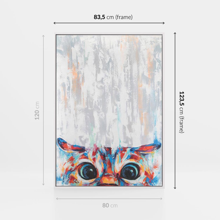 Obraz w ramie 80x120 - Co ja Widzę - obraz olejny, śmieszny obraz kota - rama biała