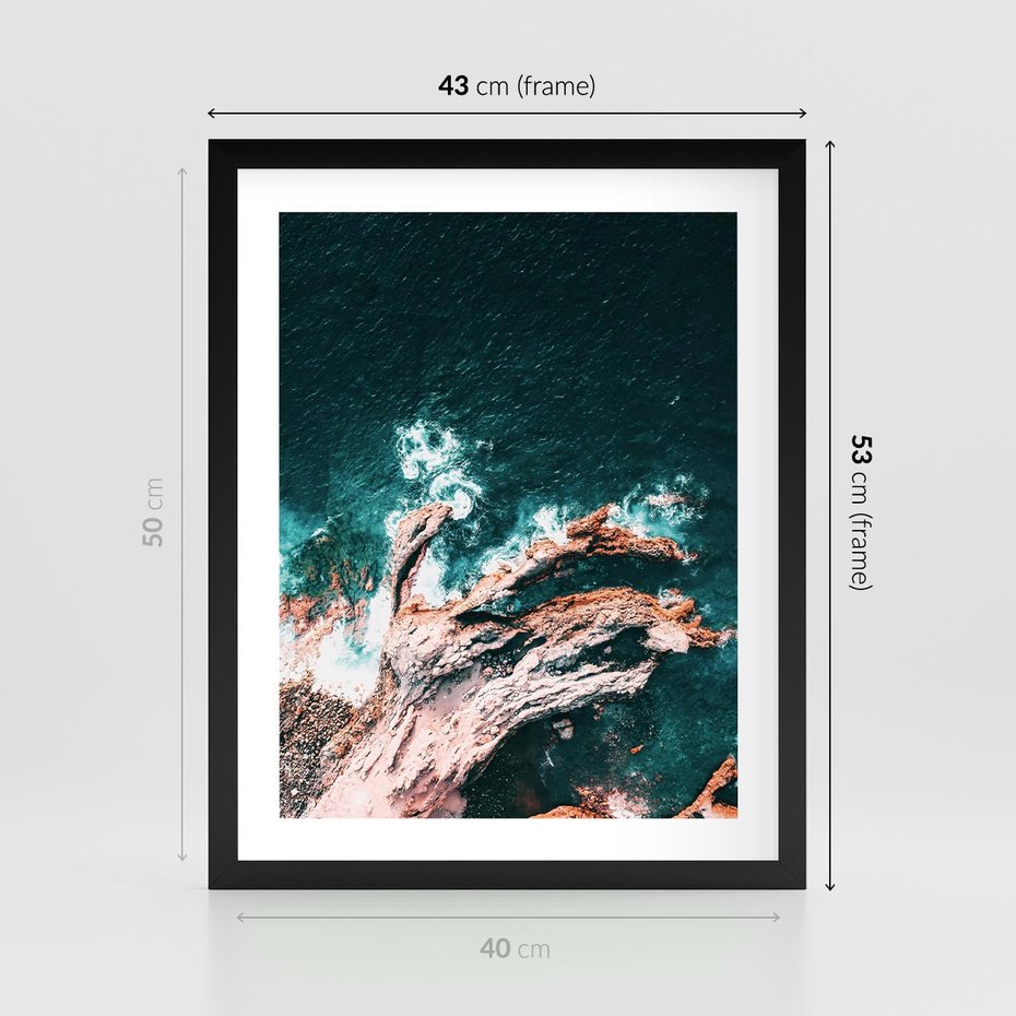 Plakat w ramie 40x50 - Fale i Skały w Spokoju i Burzy - morze, fale rozbijają się o skały - rama czarna
