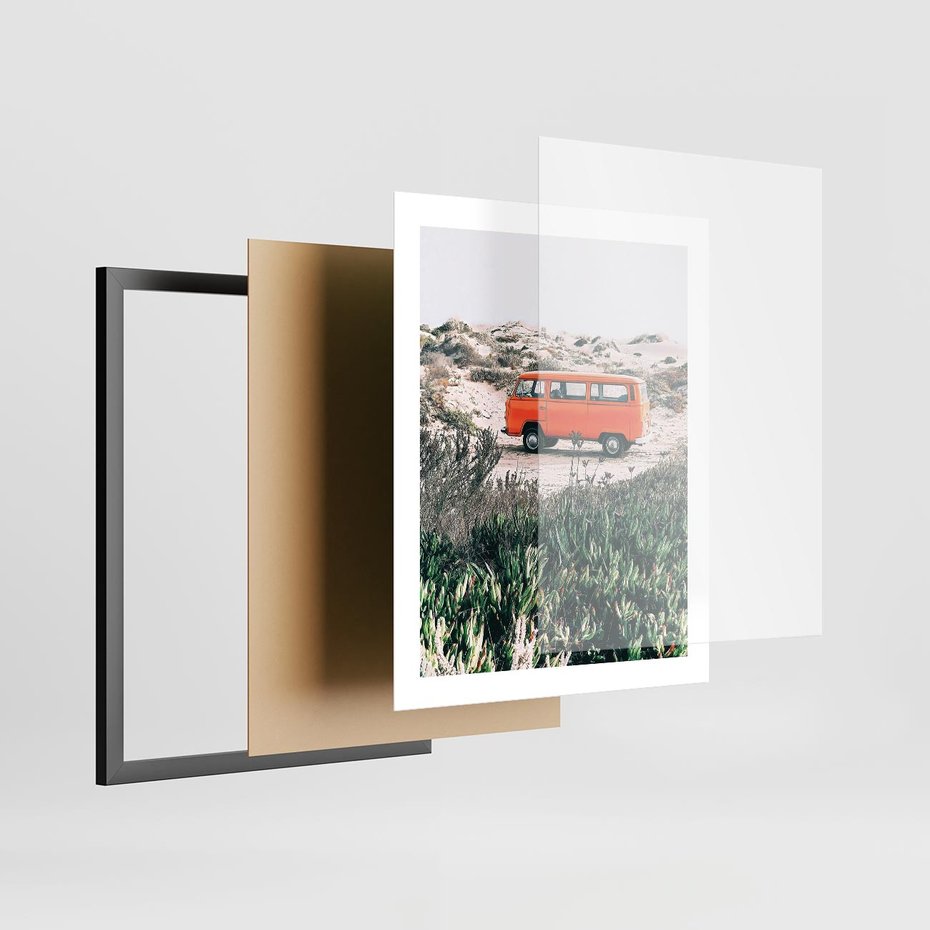 Plakat w ramie 40x50 - Podróże po Pustyni - stary samochód van, pomarańczowy - rama czarna