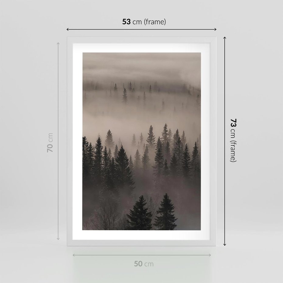 Plakat w ramie 50x70 - Mglista Opowieść Lasu - las, mgła - rama biała