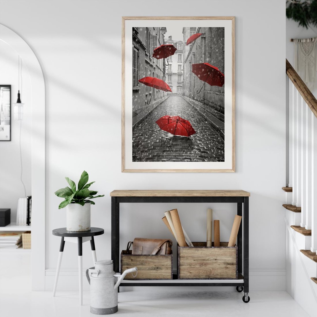 Plakat w ramie 30x40 - Parasole w malowniczej uliczce - parasole, uliczka - rama drewno
