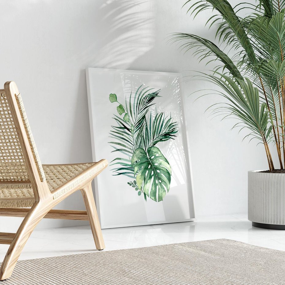 Plakat w ramie 50x70 - Liście i Życie: Akwarelowa Oaza - akwarelowy obrazek, pamy - rama biała