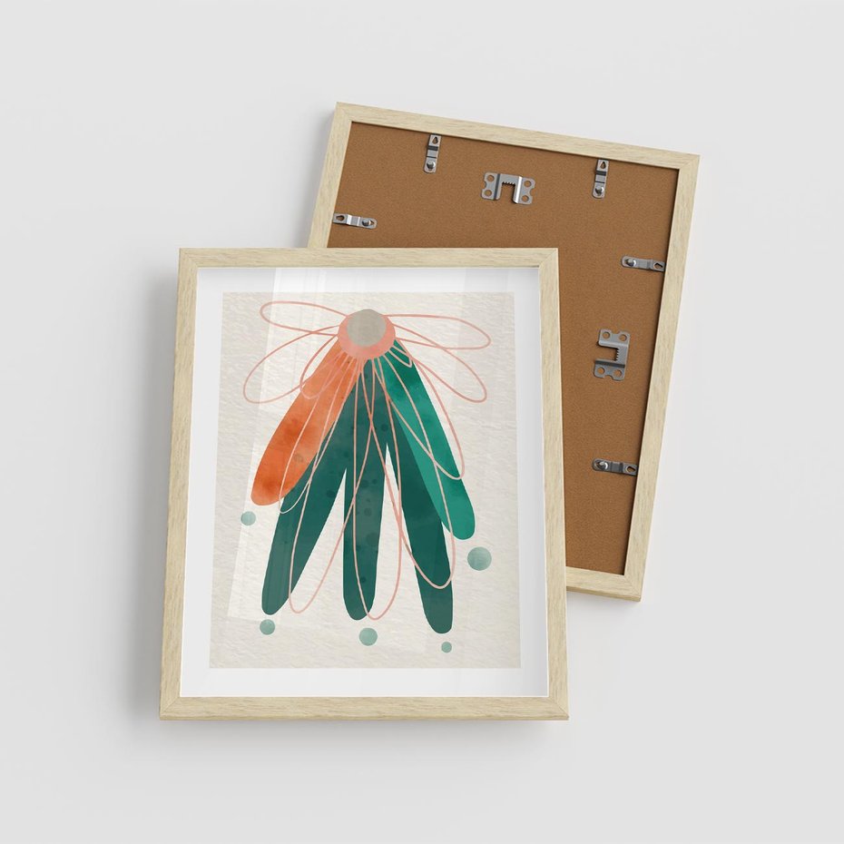 Plakat w ramie 40x50 - Energetyczna Harmonia Kwiatów - akwarelowe abstrakcyjne kształty, zieleń i pomarańcz - rama drewno