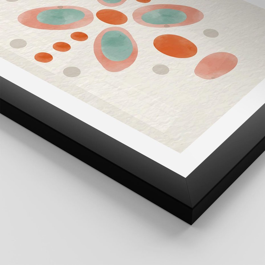 Plakat w ramie 50x70 - Symfonia Natury - abstrakcyjne plamy w odcieniach pomarańczowym, kropki plamki - rama czarna