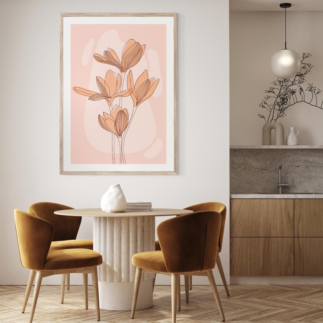 Plakat w ramie 30x40 - Przenikające Kształty - minimalistyczny plakat, pudrowe kwiaty - rama drewno