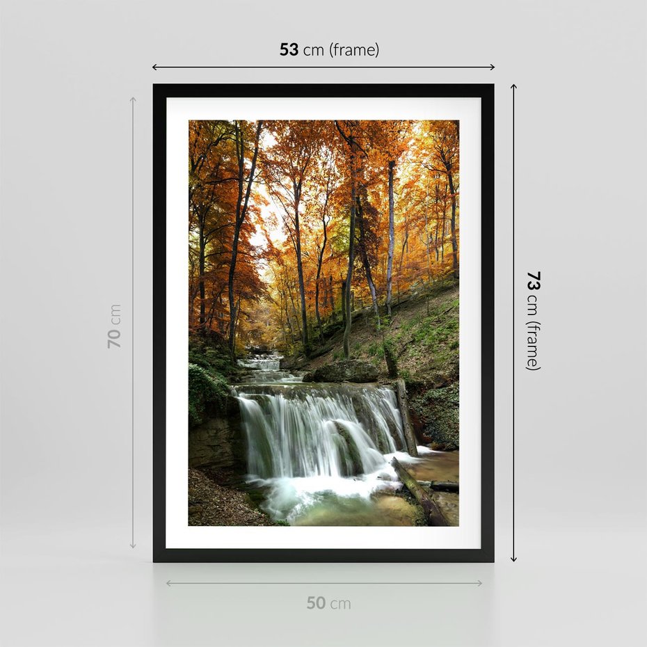 Plakat w ramie 50x70 - Jesienny wodospad w lesie - wodospad, las - rama czarna
