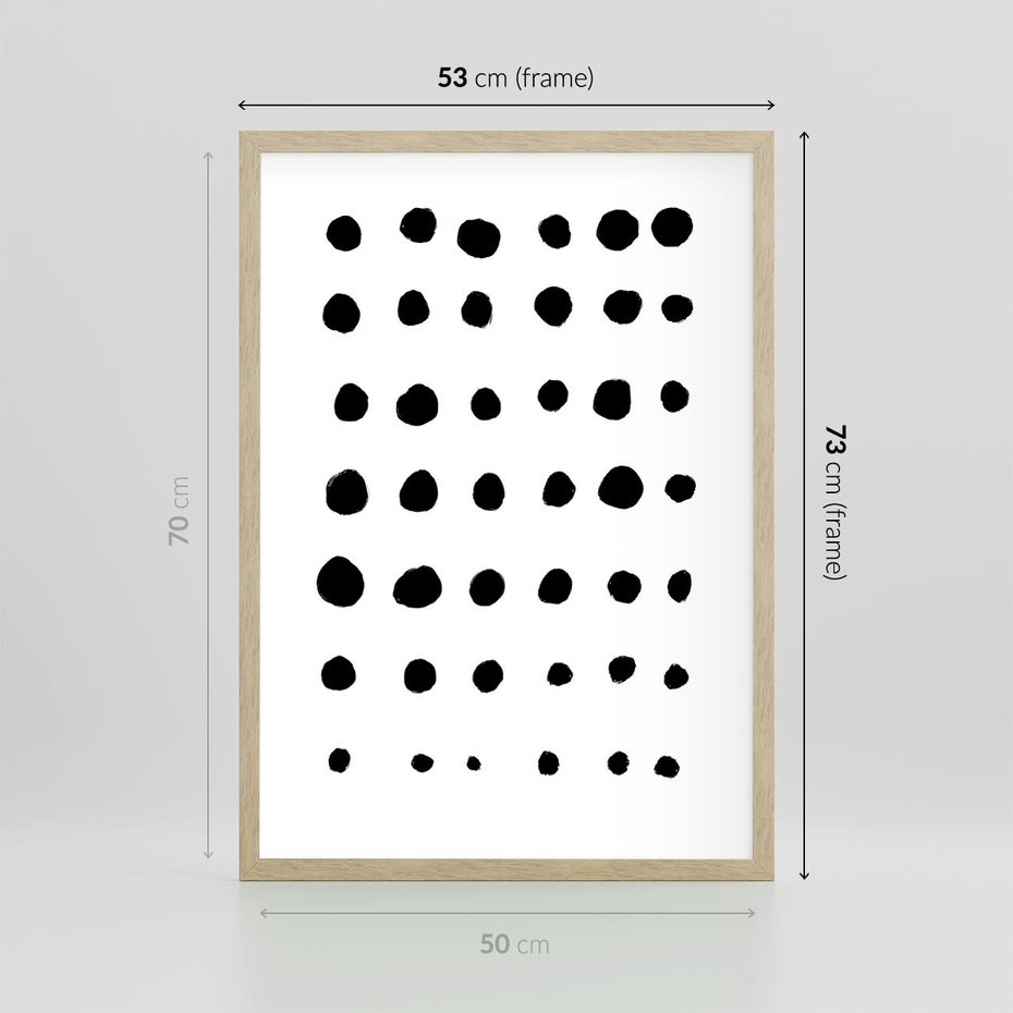 Plakat w ramie 50x70 - Migocące Anomalie - abstrakcyjna kompozycja z czarnych kropek, minimalistyczny czarno bialy plakat - rama drewno