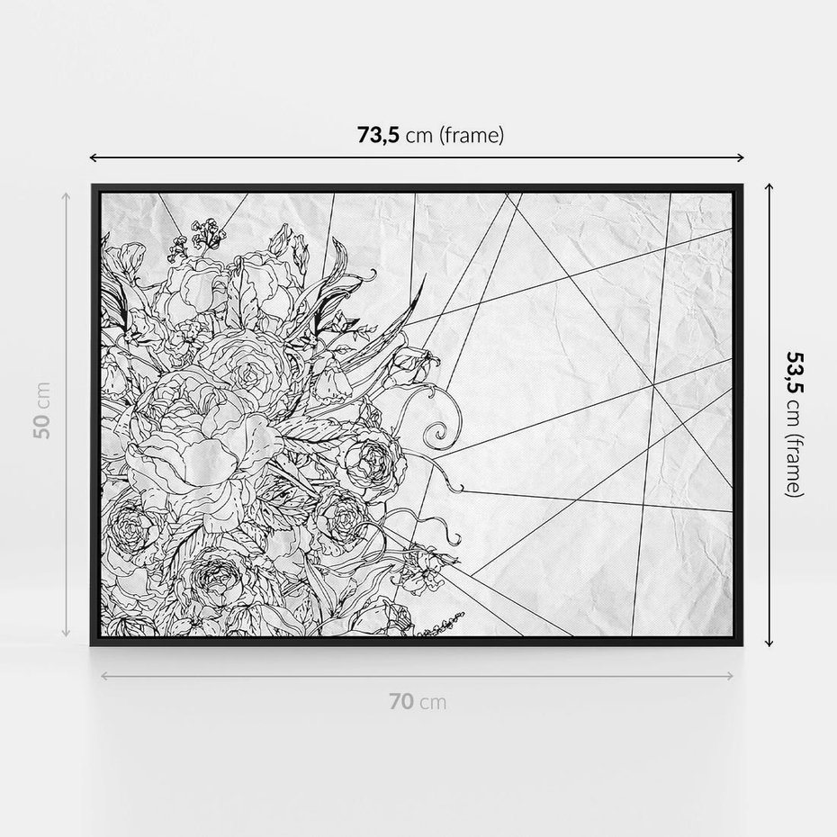 Obraz w ramie 70x50 - Refleksje w martwym punkcie - graficzny szkic, kompozycja kwiatów - rama czarna