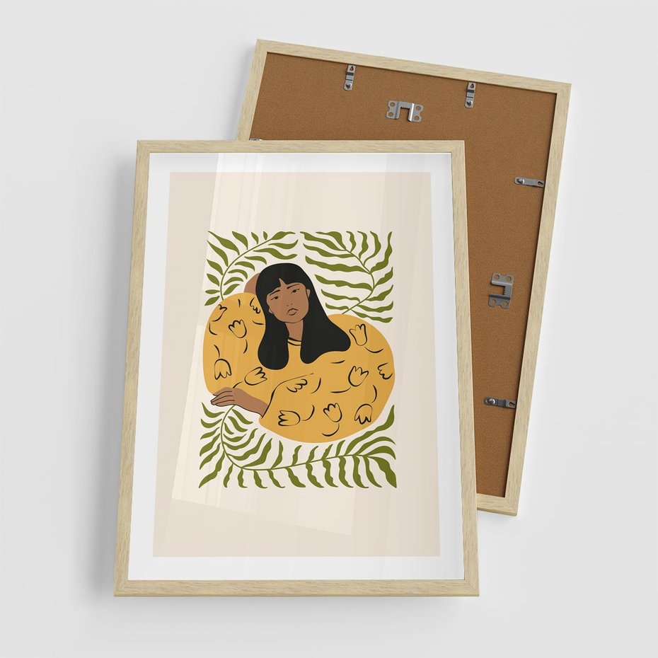 Plakat w ramie 50x70 - Malowane Odbicia Wyobraźni - nowoczesny plakat, kobieta otoczona liśćmi - rama drewno