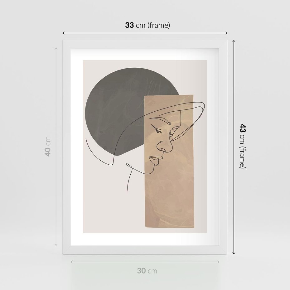 Plakat w ramie 30x40 - Jedną Linią: Kobieca Twarz - abstrakcja, plamy w tle - rama biała