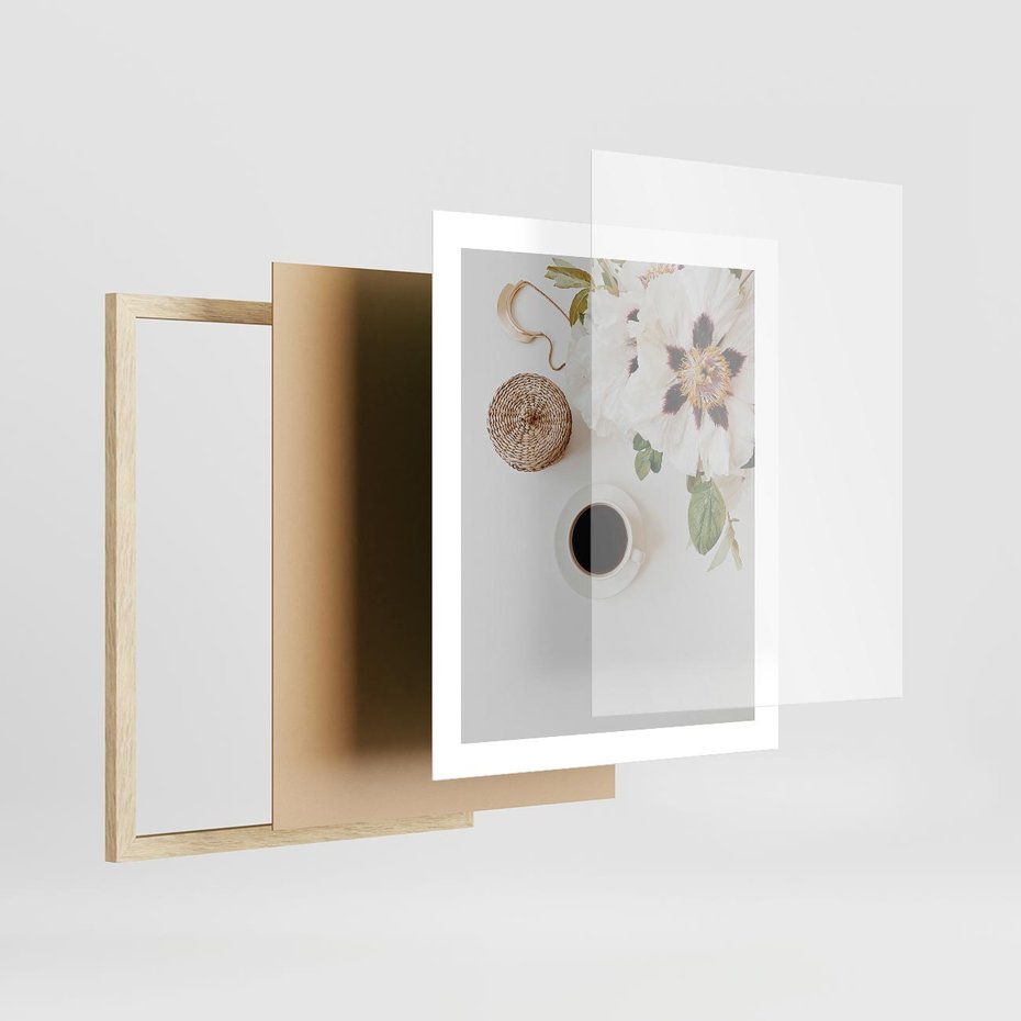 Plakat w ramie 40x50 - Bukiet Kwiatów i Kawa na Stole - fotografia, na stole bukiet - rama drewno