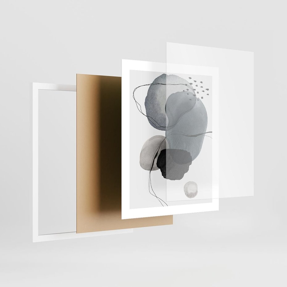Plakat w ramie 40x50 - Wibracje Kształtów - abstrakcyjne plamy akwarelowe, czarny szkic - rama biała