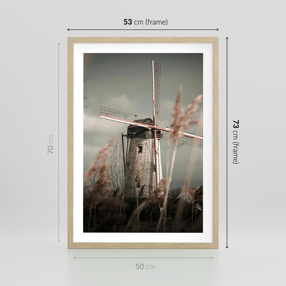 Plakat w ramie 50x70 - Wiejska Idylla: Młyn w Polu - wiatrak, młyn w polu - rama drewno