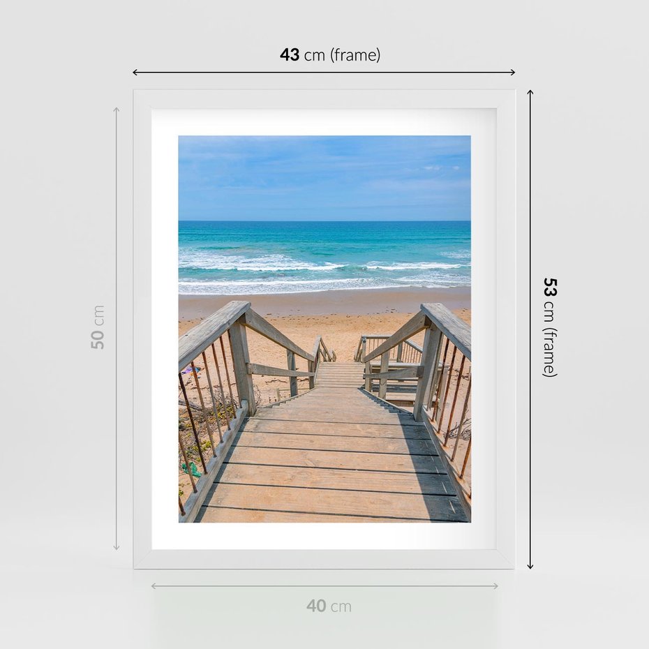 Plakat w ramie 40x50 - Pomost ku Morzu - pomost na plaży, morze - rama biała