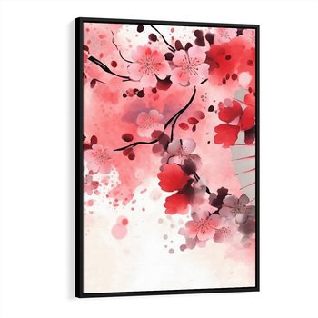 Obraz w ramie 70x100 - Szept Kwitnącej Wiśni - japoński parasol, liście - rama czarna