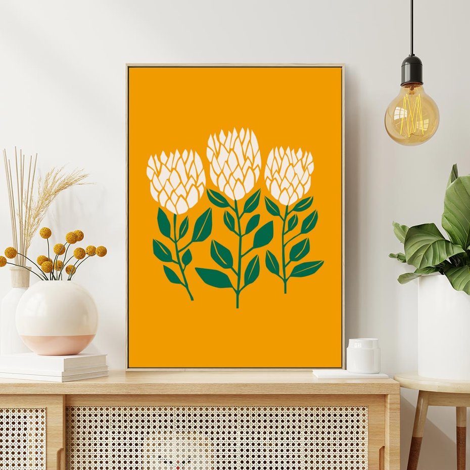 Obraz w ramie 50x70 - Kolorowe Impresje - abstrakcyjna kwiatowa kompozycja, żółte mocne tło - rama drewno