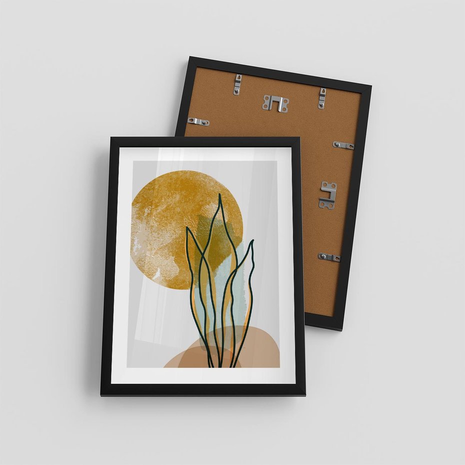 Plakat w ramie 30x40 - Światło Natury: Graficzne Liście i Złote Słońce - grafika, graficzne liście - rama czarna