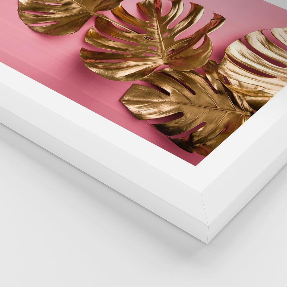 Plakat w ramie 40x50 - Złote Liście Monstery: Delikatność na Różowym Tle - złote liście monstery, różowe tło - rama biała