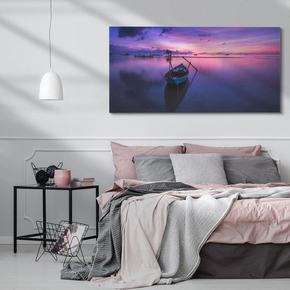 Obraz na płótnie 120x60 - Łódka i zachód słońca nad morzem - łódka, morze