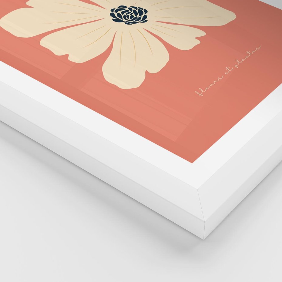 Plakat w ramie 50x70 - Malowane Kolorowe Echa - minimalistyczna grafika, biały kwiat na różowym tle - rama biała