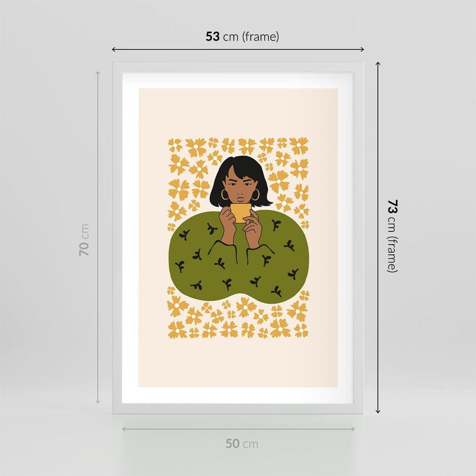 Plakat w ramie 50x70 - Wewnętrzne Fale - nowoczesny plakat, kobieta otoczona liśćmi - rama biała