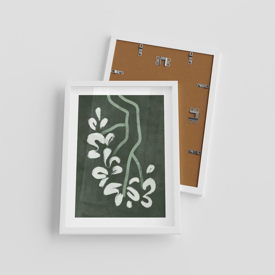 Plakat w ramie 30x40 - Rozkwitające Zielone Gałęzie - abstrakcyjne delikatne zielone linie, podobne do gałęzi kwiatów - rama biała