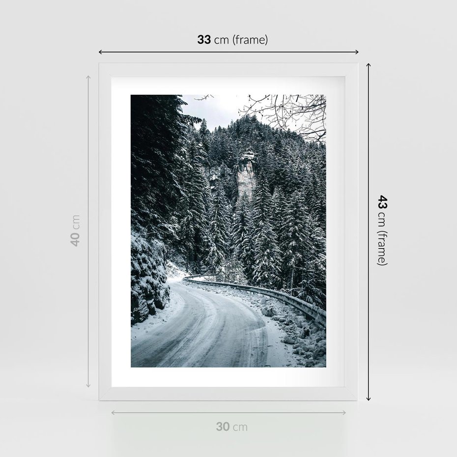 Plakat w ramie 30x40 - Zimowa Przygoda - zima w górach, droga - rama biała