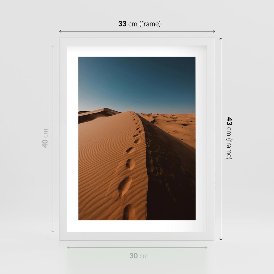 Plakat w ramie 30x40 - Piasek pustyni w ogniu - pustynia, piasek - rama biała