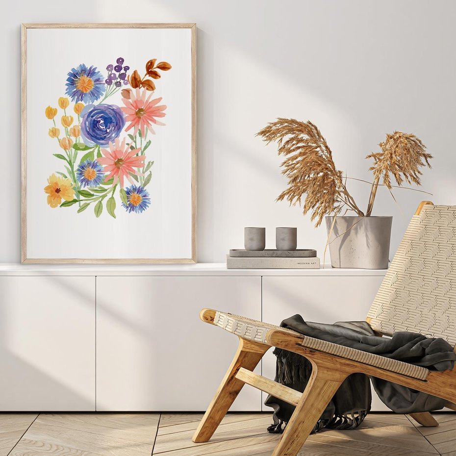 Plakat w ramie 30x40 - Migocące Widoki Kwiatów - akwarelowe polne kwiaty, minimalistyczny plakat - rama drewno