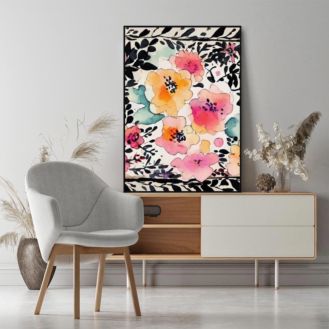 Obraz w ramie 70x100 - Opowieść w kroplach farb - akwarelowe kwiaty, mocna ornamentowa czarna ramka namalowana dookoła obrazu - rama czarna