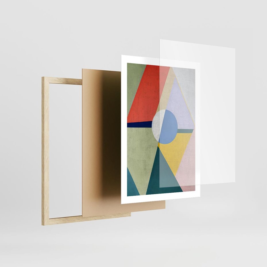 Plakat w ramie 50x70 - Taniec Subtelnych Odbić - abstrakcyjne geometryczne kształty, olejny obraz - rama drewno