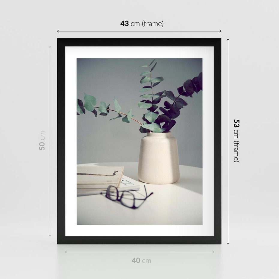 Plakat w ramie 40x50 - Eukaliptusowa Cisza - kompozycja, liście eukaliptusa w wazonie - rama czarna