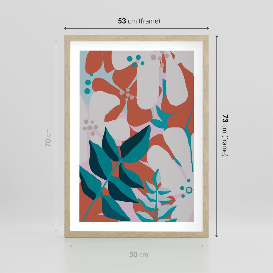 Plakat w ramie 50x70 - Harmonijne Formy - abstrakcyjna kompozycja kwiatowych form, kolor zgaszone - rama drewno