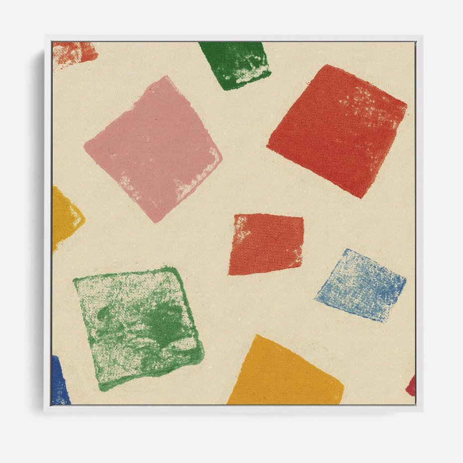 Obraz w ramie 80x80 - Tęczowe Rytmy - kolorowe tęczowe kwadraty, wesoły kolaż - rama biała