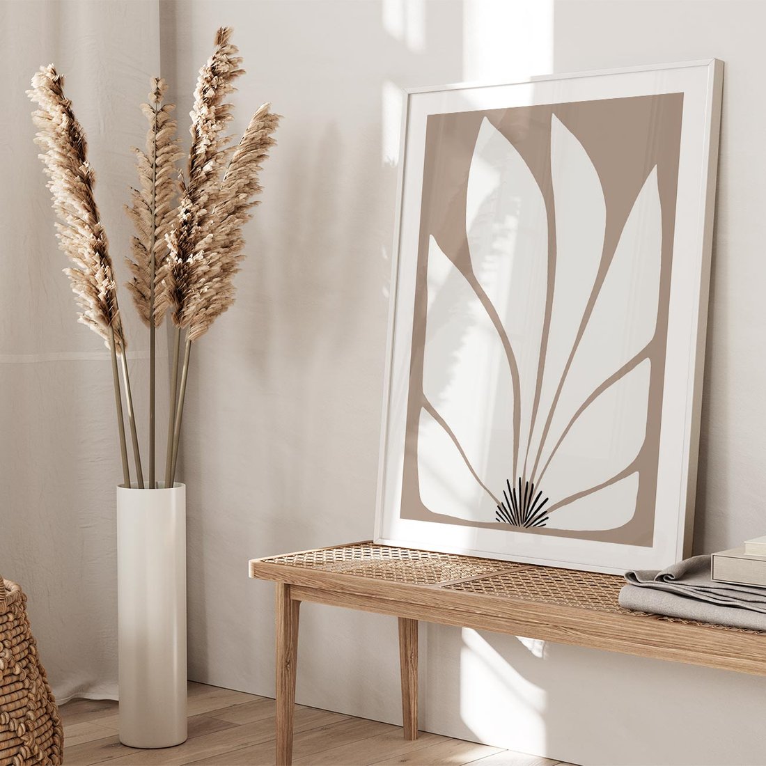 Plakat w ramie 30x40 - Ekspresyjne Kontury - abstrakcyjny kwiat, beże i brązy - rama biała