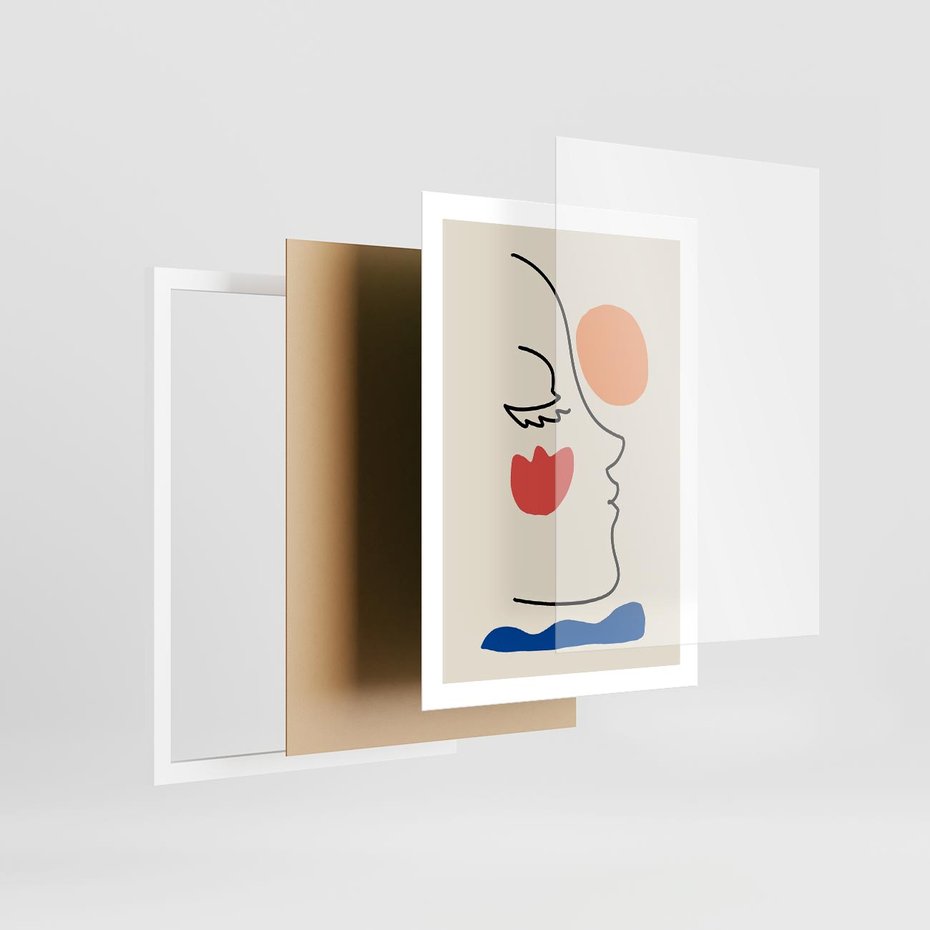 Plakat w ramie 50x70 - Taniec Przenikających Plam - abstrakcyjny obraz, przypomina twarz - rama biała