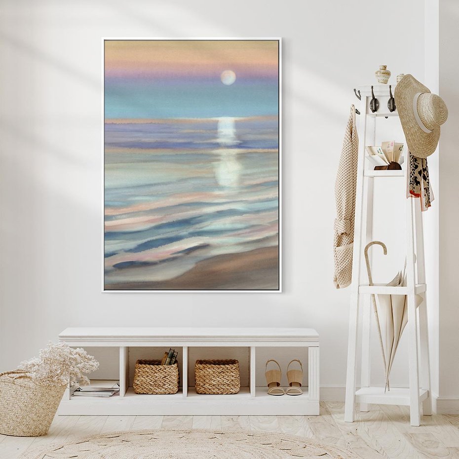 Obraz w ramie 70x100 - Witraże roziskrzonych myśli - akwarela, zamglony wschód słońca - rama biała