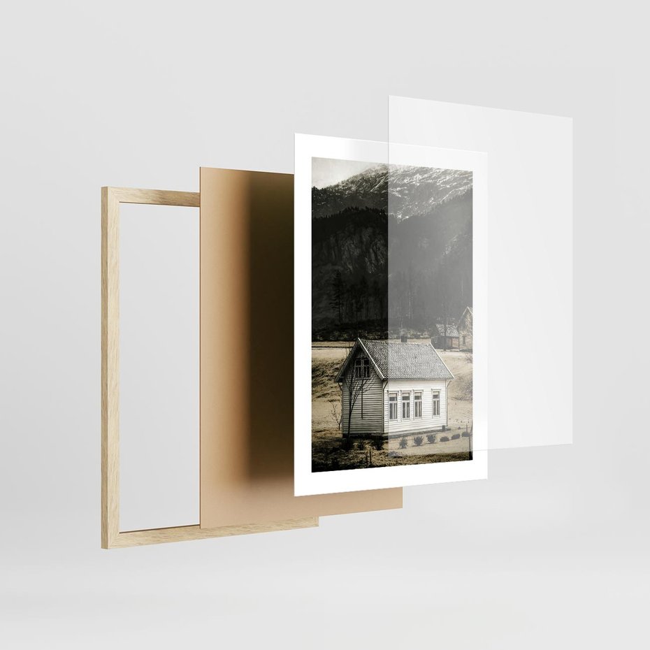 Plakat w ramie 30x40 - Ciepło i Urok Górskiego Domku - domek w górach, sepia - rama drewno