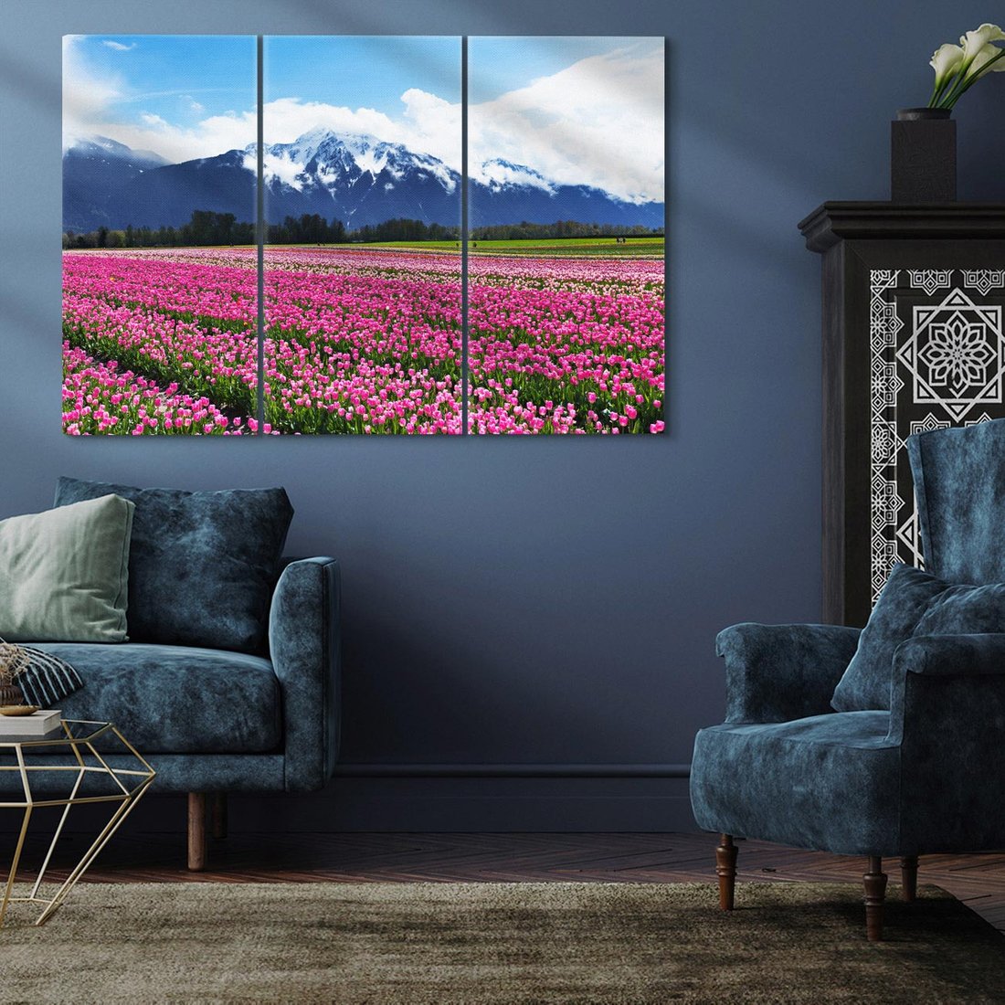 Obraz na płótnie 120x80 - Tulipany w malowniczym krajobrazie" - tulipany, krajobraz