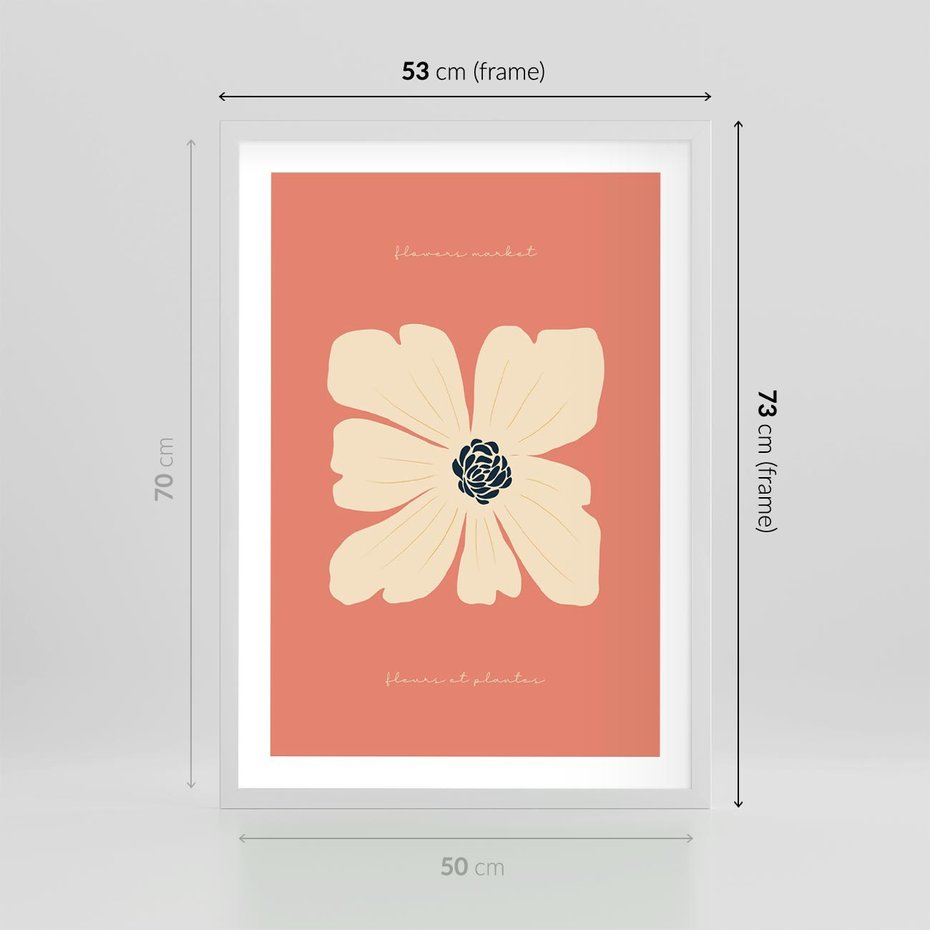Plakat w ramie 50x70 - Malowane Kolorowe Echa - minimalistyczna grafika, biały kwiat na różowym tle - rama biała