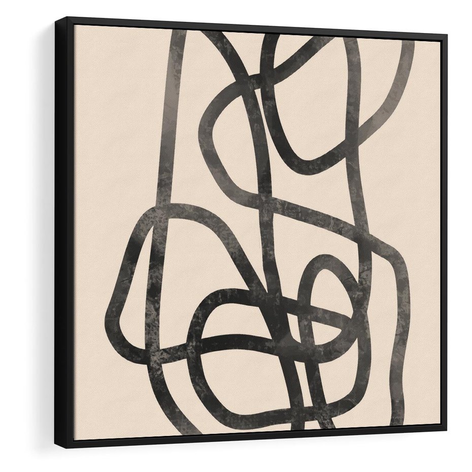 Obraz w ramie 50x50 - Przenikanie Wirtualnych Wymiarów - zaplątane minimalistyczne linie, na bezowym tle - rama czarna