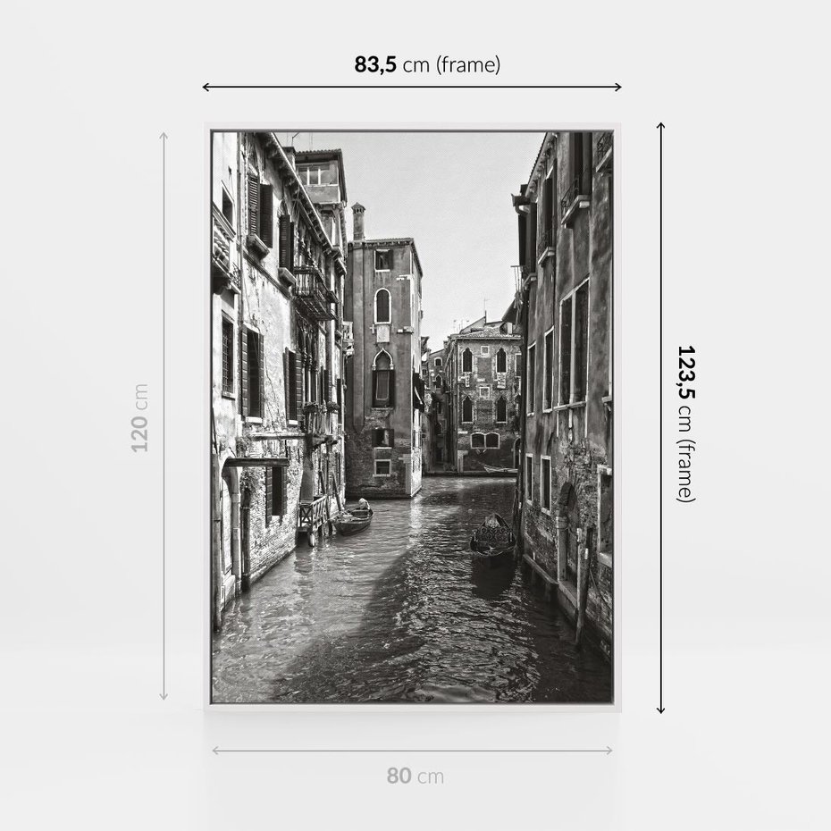 Obraz w ramie 80x120 - Weneckie Kanały - czarno białe zdjęcie, wenecja - rama biała